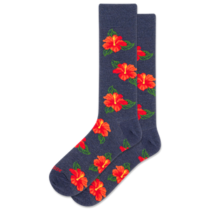Men's navy HOTSOX sock with repeat hibiscus floral pattern