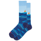 Blue and navy sock with wavy pattern and sailboat design on a white background