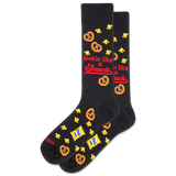 Black socks with snack-themed designs and text on a white background