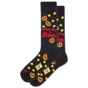 Black socks with snack-themed designs and text on a white background