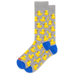 Gray socks with yellow rubber duck pattern and blue toes on a white background