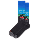 Black socks with a graphic design and text 'Happy Wife Happy Life' on a white background