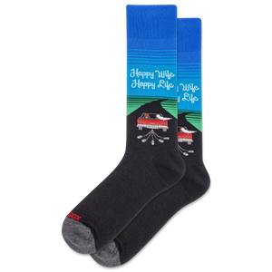 Black socks with a graphic design and text 'Happy Wife Happy Life' on a white background