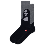 Black and gray socks with Mona Lisa design on a white background