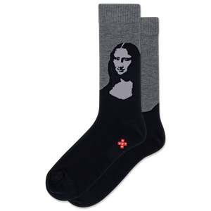 Black and gray socks with Mona Lisa design on a white background