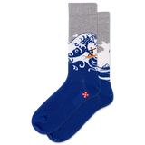 Blue sock with wave and character design on a white background