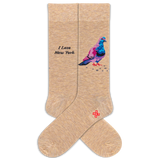 Beige socks with a colorful pigeon and 'I Love New York' text on a white background