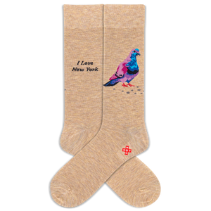 Beige socks with a colorful pigeon and 'I Love New York' text on a white background