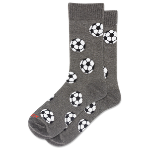 Gray socks with soccer ball pattern on a white background