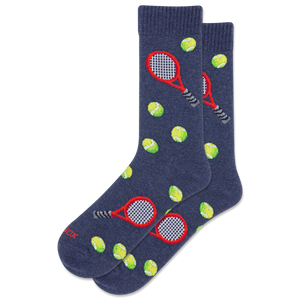 Navy socks with tennis racket and ball designs on a white background