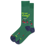 Green sock with golf-themed design and text 'Who's your Caddy?' on a white background