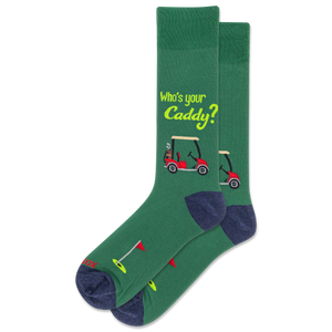 Green sock with golf-themed design and text 'Who's your Caddy?' on a white background