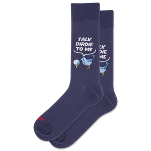 Navy blue socks with bird design and 'Talk Birdie to Me' text on a white background