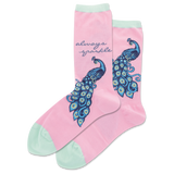Pink socks with blue peacock designs and 'always sparkle' text on a white background