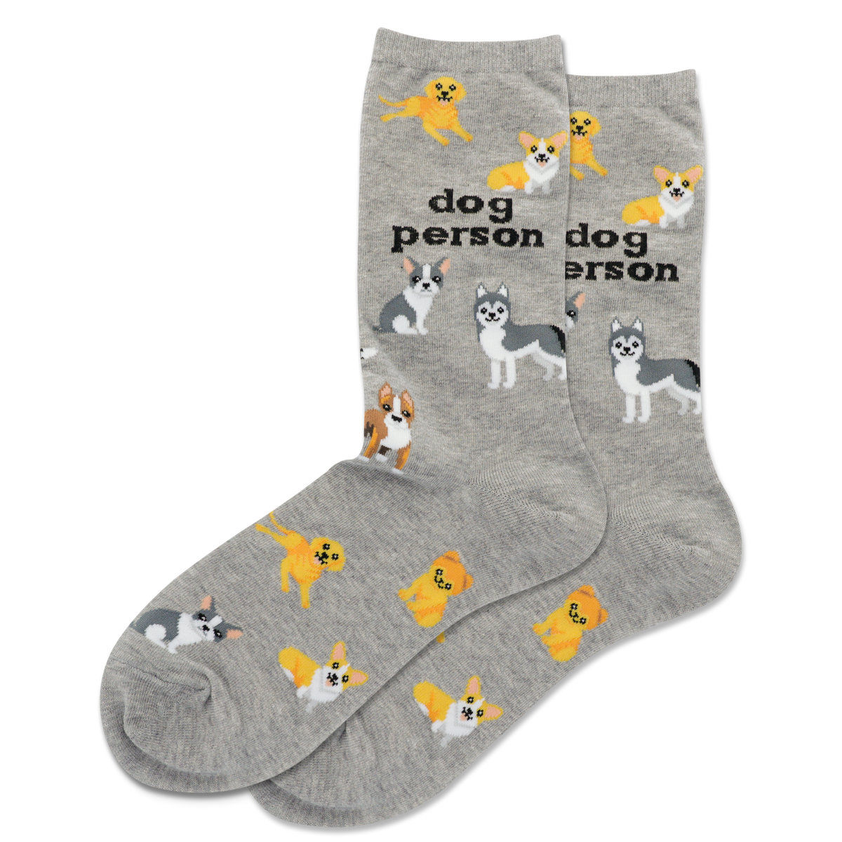 Gray socks with dog illustrations and 'dog person' text on a white background