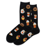 Black socks with colorful coffee and dessert designs on a white background thumbnail