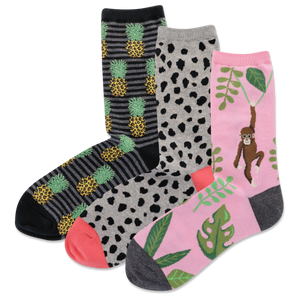 Three pairs of socks with pineapple, leopard print, and monkey designs on a white background