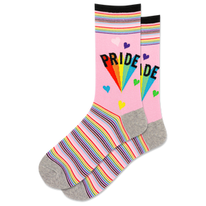 Pink socks with rainbow stripes and 'PRIDE' text on a white background