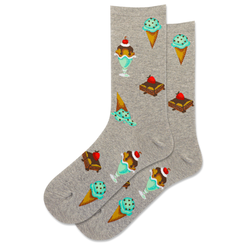 Gray socks with ice cream cone and sundae designs on a white background