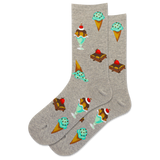Gray socks with ice cream cone and sundae designs on a white background