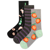Set of three socks with different peach, mimosa and champagne designs on a white background