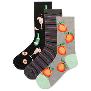 Set of three socks with different peach, mimosa and champagne designs on a white background