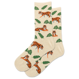Beige socks with tiger and leaf pattern on a white background thumbnail
