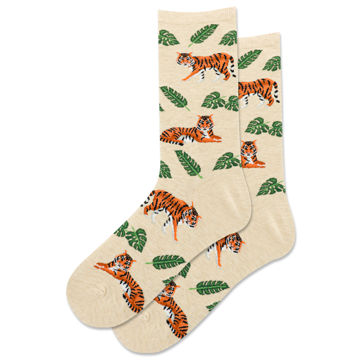 Beige socks with tiger and leaf pattern on a white background