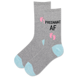 Gray sock with 'Pregnant AF' text and footprints on a white background