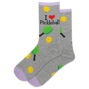 Gray socks with pickleball designs and text 'I ❤️ Pickleball' on a white background