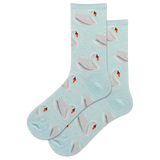 Light blue socks with swan pattern on a white background