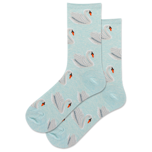 Light blue socks with swan pattern on a white background