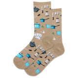 Beige socks with kitchen utensil pattern on a white background thumbnail