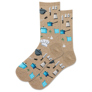 Beige socks with kitchen utensil pattern on a white background