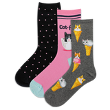 Three pairs of HOTSOX socks with cat-themed designs on a white background