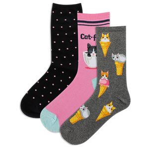 Three pairs of HOTSOX socks with cat-themed designs on a white background