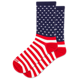 Pair of socks with American flag design on a white background