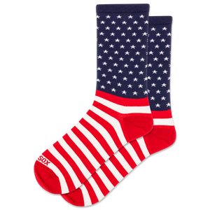 Pair of socks with American flag design on a white background