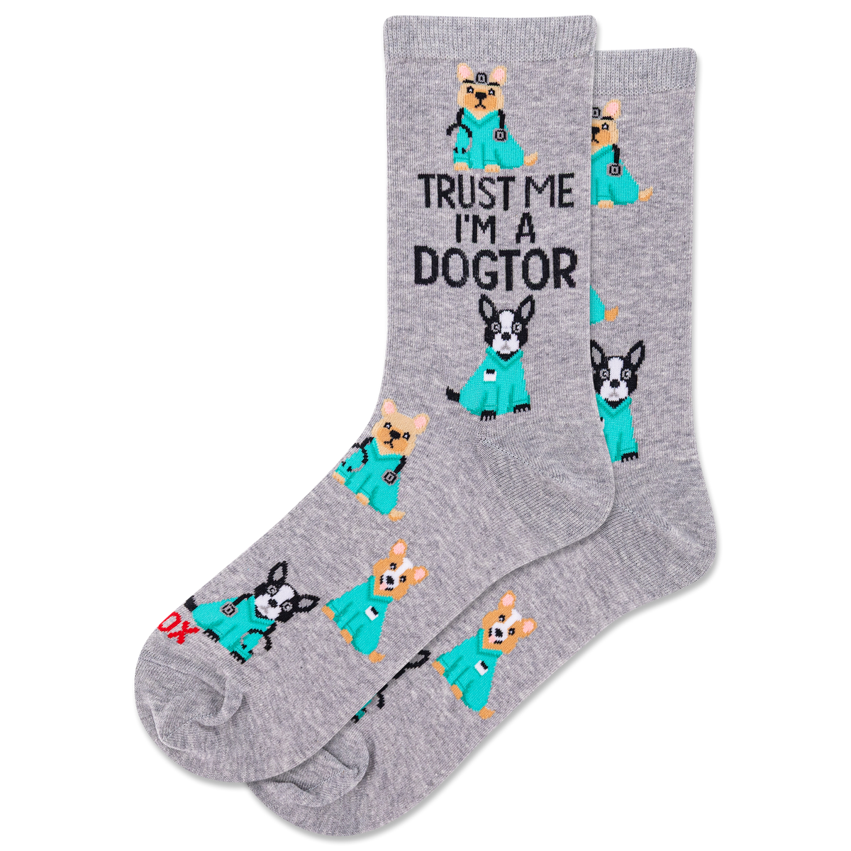 Gray socks with cartoon dog illustrations and text 'Trust Me I'm a Dogtor' on a white background