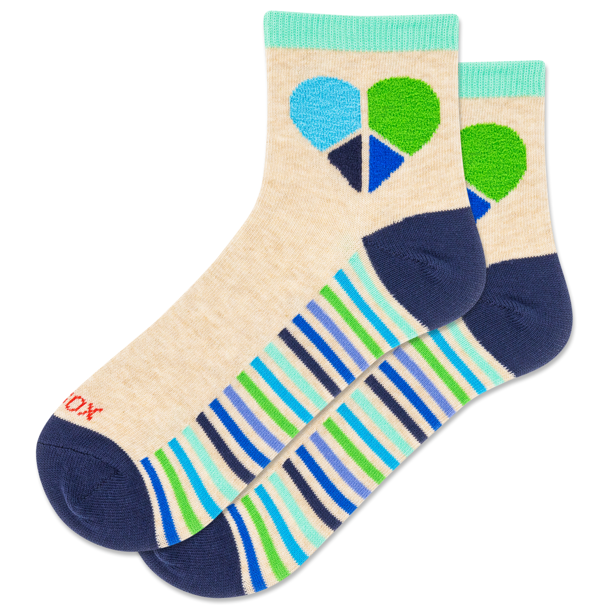 Colorful sock with geometric heart and stripe pattern on a beige background