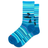 Blue striped socks with island and sailboat design on a white background