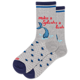 Gray socks with blue mermaid accents and a text design that says "Make a Splash" on a white background thumbnail