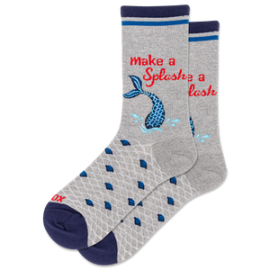 Gray socks with blue mermaid accents and a text design that says "Make a Splash" on a white background
