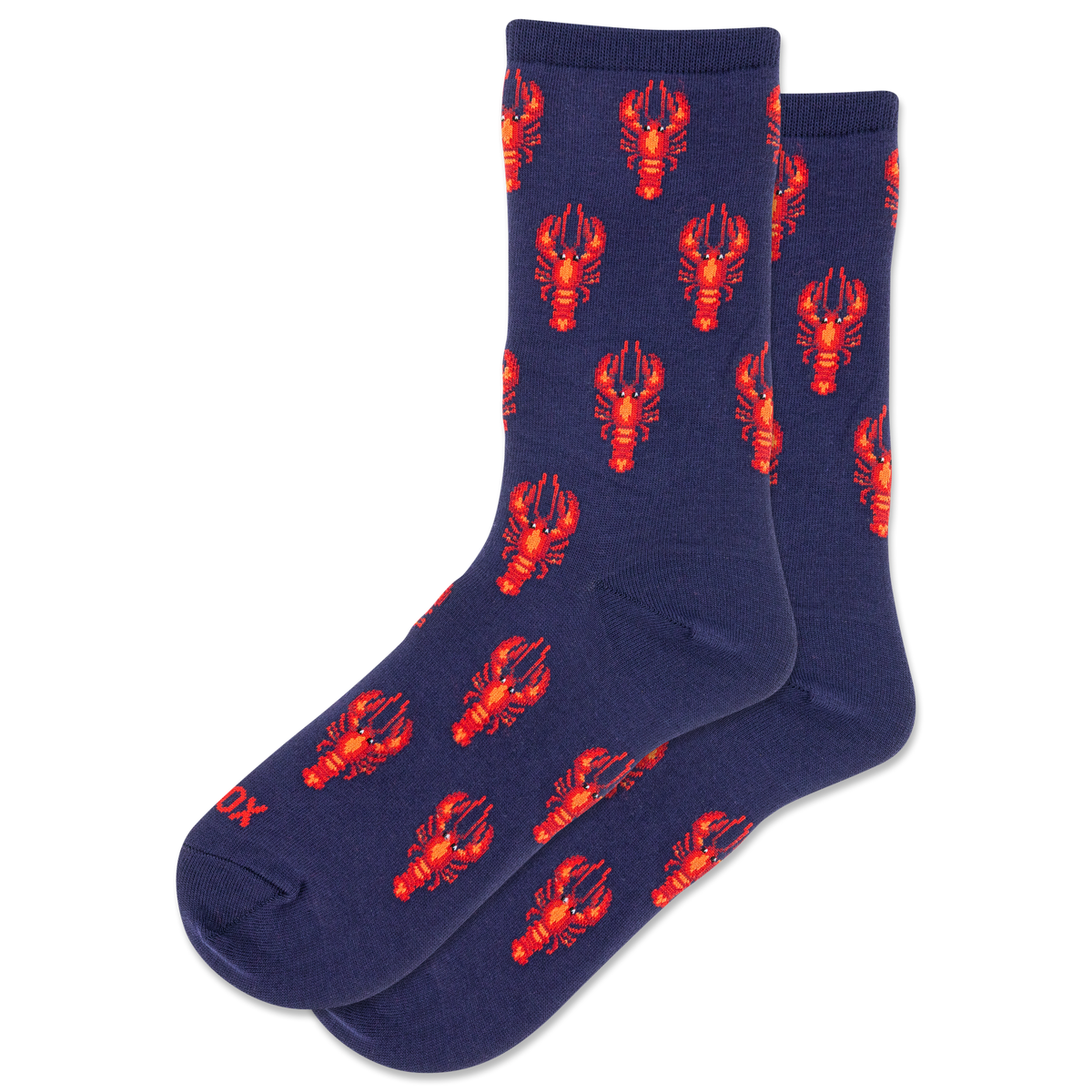 Navy socks with red lobster pattern on a white background