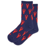Navy socks with red lobster pattern on a white background