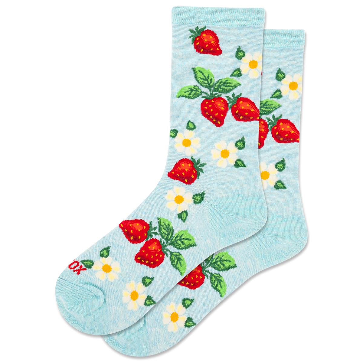 Light blue socks with strawberry and flower pattern on a white background