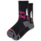Black socks with 'Yes, Chef' text and knife graphics on a white background
