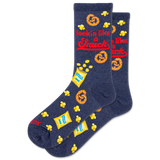 Navy blue socks with snack-themed graphics and text on a white background