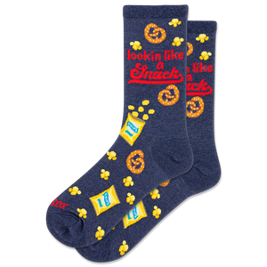 Navy blue socks with snack-themed graphics and text on a white background