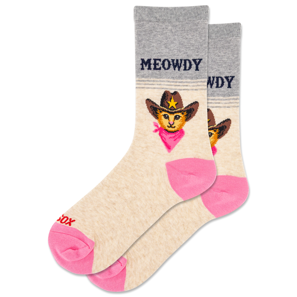 Cat-themed socks with cowboy hat design and 'MEOWDY' text on a white background
